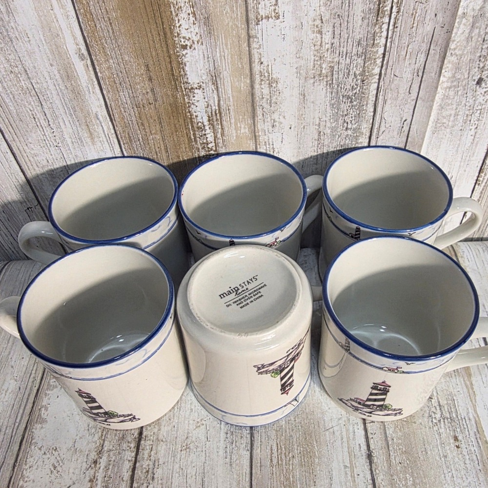Mainstays Home Lighthouse Coffee Mugs Set of 6 Nautical Coastal Stoneware Cream - Picture 5 of 6